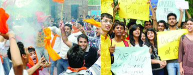 ABVP and DUSU celebrate after the UGC directive on scrapping FYUP, (Right) Students clamour for Save B.Tech. at Faculty of Arts in Delhi University on Monday. Tribune photo: Manas Ranjan Bhui