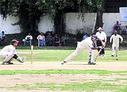 A batsman plays a shot during a match in the Under-19 Continental Cricket Cup in Dehradun on Monday.