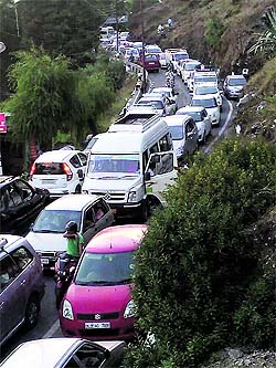 A traffic jam on the Mussoorie-Dehradun road on Monday. 