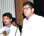 Hisar MP Dushyant Chautala addresses a gathering at the MDU auditorium in Rohtak on Monday. Photo: Manoj Dhaka