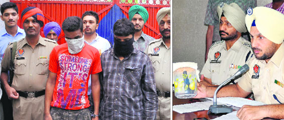 Two accused in police custody; and police officials show a pistol that was recovered from their possession in Ludhiana.