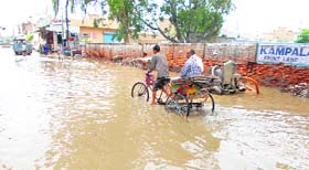 A flooded main road.
