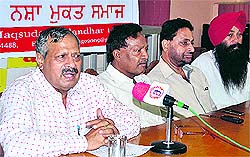 Members of the NGO SPEED address mediapersons in Jalandhar on Tuesday.