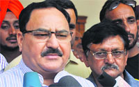 BJP general secretary JP Nadda addresses mediapersons in Jammu on Tuesday. Tribune photo
