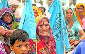 People of the Narmada Valley stage a dharna under the banner of the Narmada Bachao Andolan at Jantar Mantar in New Delhi on Tuesday.