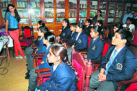 Jahanvi Gaur, a teenager from the USA, adresses students during a workshop on creative wroting at Mussoorie Public School in Mussoorie on Tuesday.