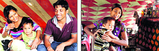 A couple which works as trapeze artistes in the Apollo circus with their child in Dehradun on Wednesday; and (right) another artiste, Puja, with her son. 