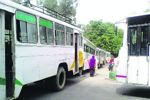 PRTC buses parked in the middle of a road in Faridkot on Wednesday.