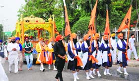 A nagar kirtan being taken out on the Martyrdom Day of Baba Banda Singh Bahadur in Phase VI, Mohali, on Thursday.
