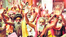 Sadhus at the base camp for the Amarnath yatra in Jammu on Thursday.