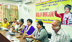 Office-bearers of Belan Brigade conduct a programme on drug abuse in Ludhiana on Thursday.