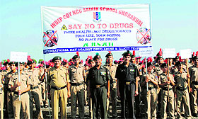 Cadets of Sainik School, Ghorakhal, holds a drug awareness rally in Nainital on Thursday.