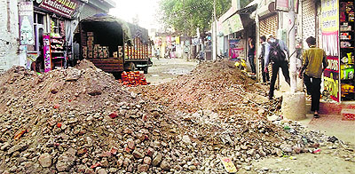 A portion of the road under construction near Subhash Gate in Jagraon.