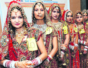 Participants at a bridal make-up training camp in Bathinda on Saturday.