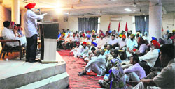 Members of various political and social organisations meet at Punjabi Bhawan in Ludhiana on Saturday. Photo: Inderjeet Verma