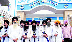 Panj pyaras of the Takht Talwandi sabo come out of a Gurdwara Shri Guru Arjan Dev after a meeting in Bathinda on Sunday