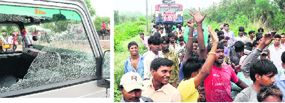 A broken windowpane of a vehicle at Gandhi Colony (left) and Colony residents stop a train on a railway track at the Mansa Devi Complex.