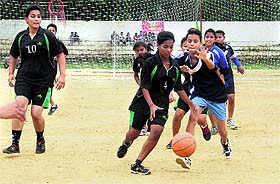 Girls in action in the national targetball tournament played at the Parade Ground in Dehradun on Sunday.