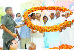 Congress Rajya Sabha MP Chaudhary Birender singh with his supporters during a rally in Narwana on Sunday.