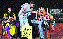 Artist act on play Dance of Life orgnaised by Yuva Theatre at Desh Bhagat Yadgar Hall in Jalandhar on Saturday night