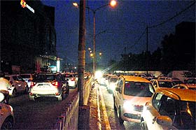 Traffic congestion outside Pavilion Mall in Ludhiana on Sunday.