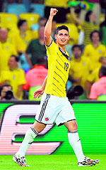 Colombias James Rodriguez celebrates the second goal
