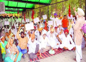 Farmers protest outside the office of the SDM at the court complex in Amritsar on Monday