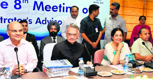 UT Administrator Shivraj V Patil, MP Kirron Kher and UT officials during the AAC meeting at the UT Guest House, Sector 6, Chandigarh, on Monday.