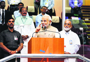 Prime Minister Narendra Modi addresses ISRO scientists in Sriharikota on Monday. 