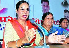 Harpeet Brar, Secretary of the All India Womens Congress, addresses mediapersons at the party office in Dehradun on Tuesday.