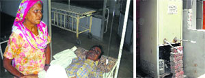 Chote Lal lies unconscious while his wife waits for doctors to attend to him at the Jind Civil Hospital; (right) a non-functional water cooler. Tribune photos