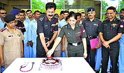 Patients and nursing staff of Satwari Military Hospital celebrate 44th Raising Day of the hospital in Jammu on Tuesday