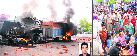 Residents set ablaze tractor-trailer (left); wailing relatives of the victim, Karan (inset), and relatives, area residents hold a protest against the police in Jalandhar on Tuesday. 
