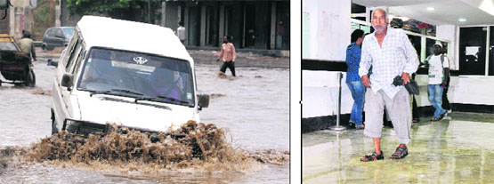 A vehicle makes way through stranded water (and right) Suwidha Centre deluged on Wednesday in Jalandhar. 
