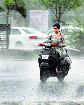 A woman caught in shower in Ludhiana on Tuesday.