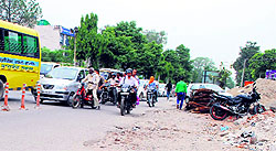 Construction material stashed near a slipway on the Lawrence Road chowk