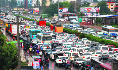 A massive traffic jam on the Ambala-Chandigarh national highway near Zirakpur during rain on Wednesday.