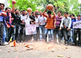 Students hold a protest against the DAV (PG) College management in Dehradun on Wednesday