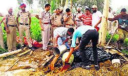 Policemen destroy an illegal liquor brewing unit at Mahalam village in Fazilka