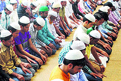 Muslims pray during the holy month of Ramadan at the historical 161-year-old Khairudin Mosque, Hall Bazar, in Amritsar on Friday