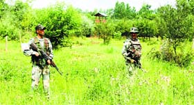CRPF personnel search an area at Aglar village in Shopian district on Friday.