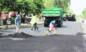 The construction of a road in progress in front of the office of the Bathinda Development Authorithy.