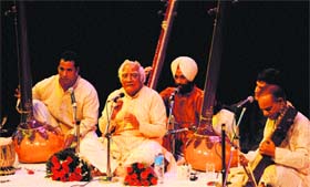 Pandit Yashpaul, a vocalist, performs at Tagore Theatre in Chandigarh on Saturday.