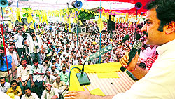 HJC supremo Kuldeep Bishnoi addresses a gathering at Ateli town in Mahendragarh district on Saturday