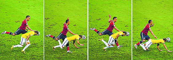 On the pitch I'm defending my shirt, my country, but I didn't expect him to fracture a vertebra. He is a great talent for Brazil and for the world. It's a normal action, I tried to shadow him. I was not thinking of hurting him. I was defending my countrys colours. Sadly it happened this way. I hope he gets well~  Zuniga, colombia defender, whose foul (above) caused neymars injury