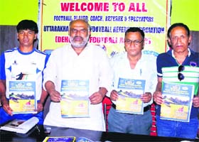 Dignitaries during a press conference on the under-19 All India Football Challenge Cup in Dehradun on Sunday