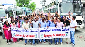 Unemployed veterinary doctors stage a protest in support of their demands in Jammu on Sunday.