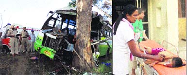 The mangled Punjab Roadways bus after it collided with a tree at Subhanpur near Jalandhar; and (right) a child injured in the accident, in hospital on Sunday. 