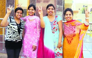 (Left to right) Students of Devki Devi Jain Memorial College for Women Srishti, Meenu, Manpreet and Jaspreet in a jubilant mood after excelling in MSc (IT) examinations conducted by Panjab University in Ludhiana.