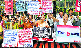 Members of All India Mahila Sanskritik Sangathan, Assam State Committee, All India Democratic Youth Organisation and All India Democratic Students Organisation protest against atrocities on women in Guwahati on Sunday.